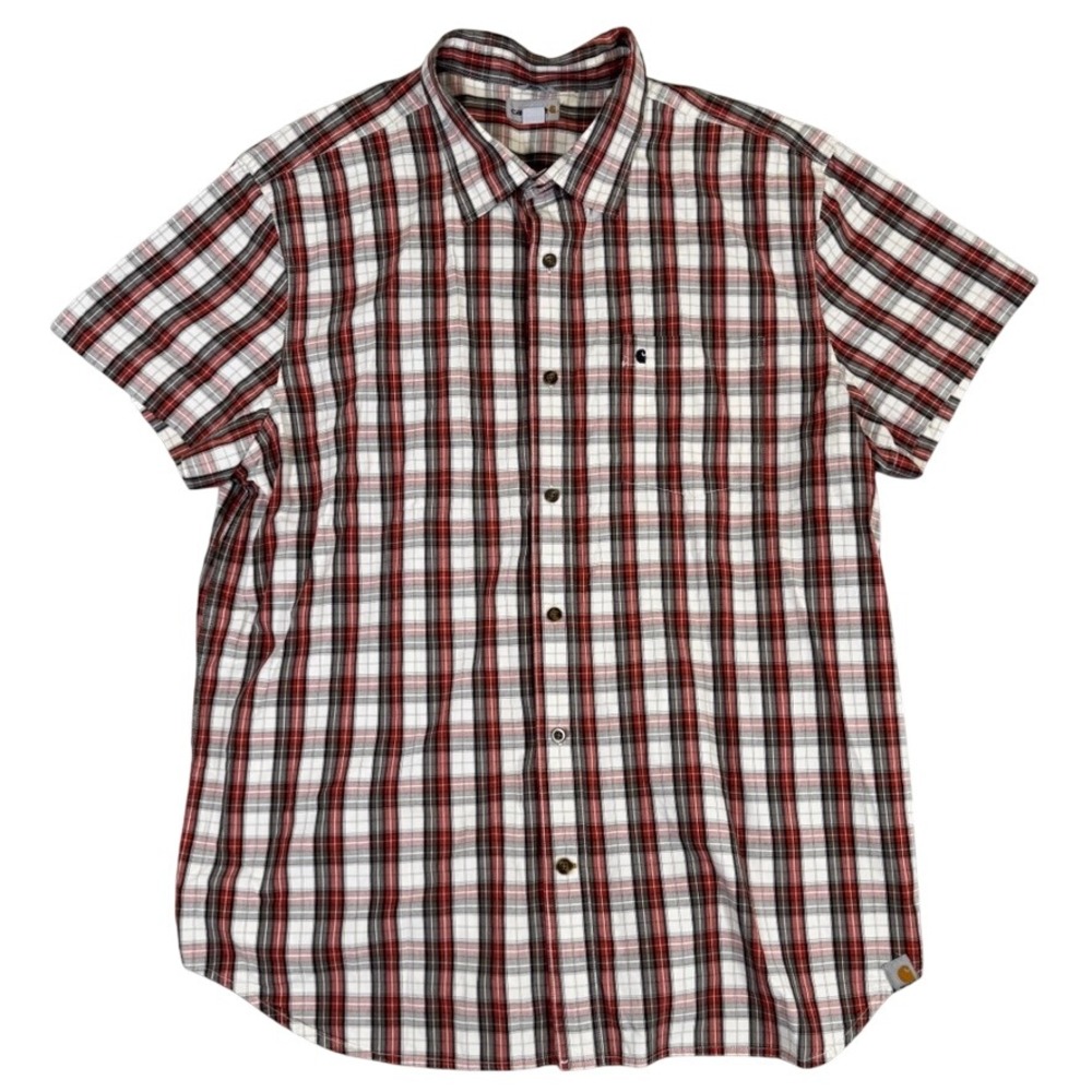 Carhartt Mens 2XL Relaxed Fit Short Sleeve Plaid Button Down Shirt Red Gray